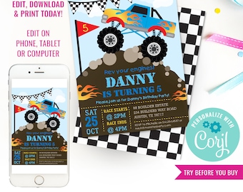 Convite para festa de aniversário de Monster Truck para meninos Convite de aniversário de Monster Truck Convite para festa de aniversário de caminhão Download instantâneo Editar em Corjl