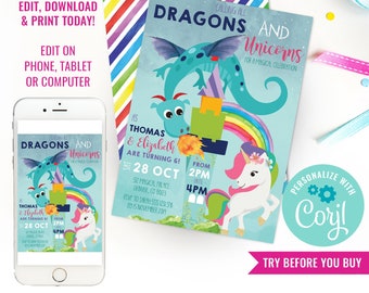 Dragon and Unicorn Party Invitation - Unicorn Dragon Party Invitation - Instant Download & Edit File with Corjl