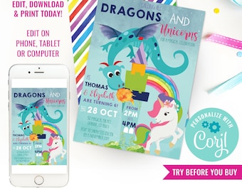 Dragon and Unicorn Birthday Party Invitation Unicorn Dragon Party Invite Boy and Girl Party Instant Download Edit File in Corjl