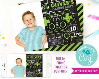 May include: A black and green gaming party invitation with a green and black striped background. The invitation features a video game controller graphic and the text "Get your game on at Oliver's Gaming Party".