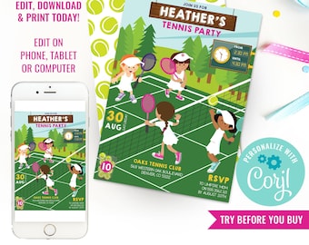 Girl Birthday Party Tennis Invitation Girls Wimbledon Party Invite Kids Tennis Party Invitation Instant Download Edit in Corjl
