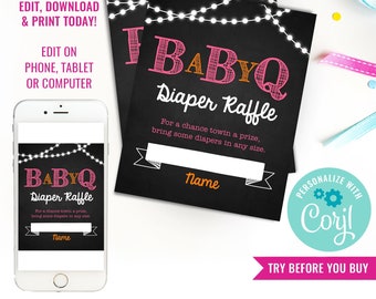 Chalkboard BaBy-Q Baby Shower Diaper Raffle Card for a Girl - BBQ Girl Baby Shower Diaper Raffle - Instant Download & Edit File with Corjl