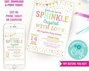 Sprinkle Baby Shower Invitation - Rainbow Baby Shower Invitation - Confetti Invitation - Instant Download & Edit File with Corjl