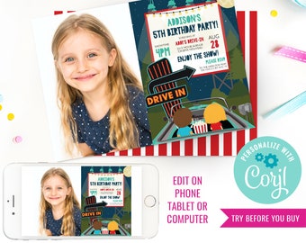 Drive-In Movie Party Invitation - Backyard Drive-In Party Photo Invitation - Instant Download & Edit File with Corjl