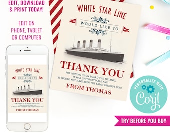 Titanic Party Thank You Card Birthday Party Theme Titanic Thank You Card Vintage Titanic Party Card Instant Download Edit File with Corjl