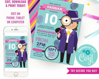 Girls Detective Party Invitation Girls Secret Agent Birthday Party Girl Spy Party Invitation Instant Download Edit File in Corjl