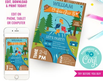 Fishing Invitation - Gone Fishing Party - Gone Fishing Invitation - O Fish Ally One - Instant Download & Edit File with Corjl