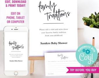 Baby Shower Game - Family Traditions Sign and Card - Keepsake - Share a Memory - Editable Template - Instant Download & Edit File with Corjl