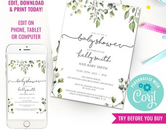 Baby Shower Invitation Watercolor Greenery invite Natural Baby Shower Brunch Unisex Shower Instant Download Edit File in Corjl
