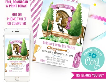 Pink Horse Show Jumping Party Invitation - Watercolor Horse Birthday Party Invite - Pink Pony Party - Instant Download & Edit File in Corjl