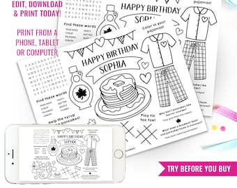Printable Pancakes and Pajamas Coloring Custom Placemat Pancake Party Sleepover Activity Mat Instant Download Edit File in Corjl