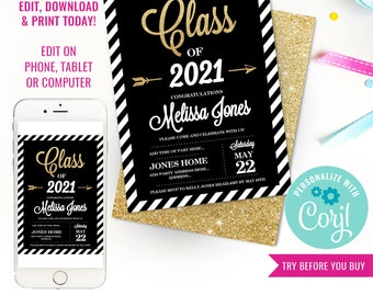 Graduierung Einladung - Schwarz und Gold Graduation Einladung - Gold Graduation Einladung - Instant Download & Edit File with Corjl