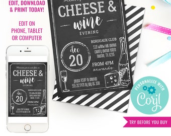Cheese and Wine Party Invitation Cheese and Wine Tasting Cheese & Wine Evening Adult Party Invite Book Club Instant Download Edit in Corjl