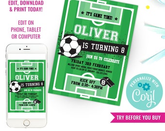 Invitación de fútbol para fiesta de cumpleaños de niños Invitación de fútbol verde Invitación de fútbol imprimible Descarga instantánea Editar archivo con Corjl