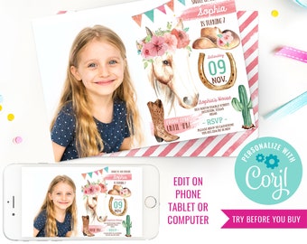 Cowgirl Birthday Party Invitation - Cowgirl Watercolor Invitation - Horse Party - Photo Invitation- Instant Download & Edit File with Corjl