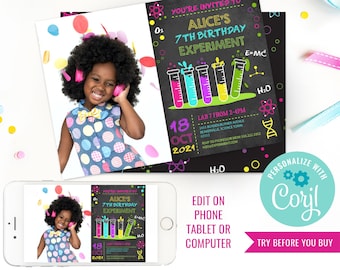 Girls Birthday Party Science Invitation Science Experiment Party Science Lab Party Instant Download Edit File in Corjl
