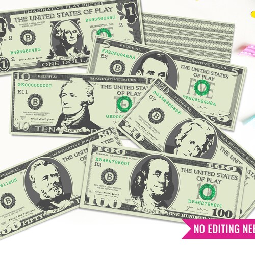 printable pretend play money play money printable money etsy
