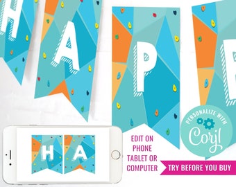 Rock Climbing Party Birthday Banner - Indoor Climbing Party Banner - Kids Rock Climbing Party - Instant Download & Edit File with Corjl