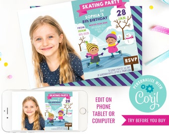 Ice Skating Party Invitation for Girls - Girls Ice Skating Party - Winter Party Photo Invitation - Instant Download & Edit File with Corjl
