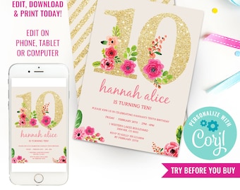 Girls Birthday Party Invite 10th Birthday Invitation Gold Glitter Floral Watercolor Party Invite Instant Download Edit File in Corjl