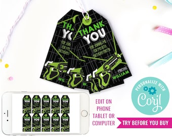 Boy Birthday Party Laser Tag Favor Tags Lazer Tag Party Favors Black and Green Boy Party Favors Instant Download Edit File with Corjl