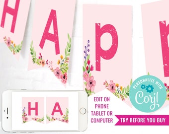 Horse Party Happy Birthday Banner - Horse Birthday Party Birthday Banner - Pink Horse Party - Instant Download & Edit File with Corjl