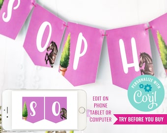 Girls Horse Show Jumping Birthday Party Banner Watercolor Horse Happy Birthday Banner Pony Party Banner Instant Download Edit in Corjl