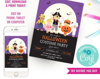 May include: A Halloween costume party invitation featuring a purple background with a full moon, bats, and a spiderweb. Five children in costumes are illustrated above the text: Join us for a HALLOWEEN COSTUME PARTY... if you dare!