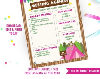 Girl Scout Meeting Agenda Printable - Editable Meeting Agenda - Girl Scout Printable - Instant Download and Edit File with Adobe Reader