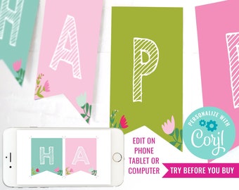 Chicas conejita cumpleaños fiesta cumpleaños banner floral conejito fiesta feliz cumpleaños banner descarga instantánea editar archivo con Corjl