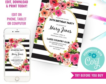 Black And White Stripe Floral Watercolor Birthday Invitation - Party Invitation - Instant Download and Edit at home with Adobe Reader