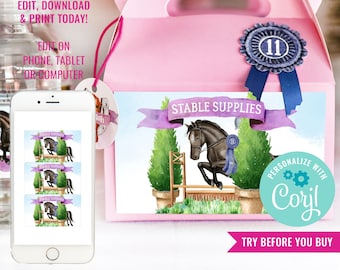 Horse Show Jumping Party Favor Gable Label - Watercolor Horse Birthday Gable Box Label - Pony Party- Instant Download & Edit File with Corjl