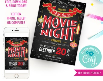 Chalkboard Christmas Movie Night Party Invitation - Christmas Party - Instant Download & Edit File with Corjl