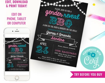 Chalkboard Gender Reveal BBQ Party Invitation - Boy or Girl - Gender Reveal BBQ Invitation - Instant Download & Edit File with Corjl