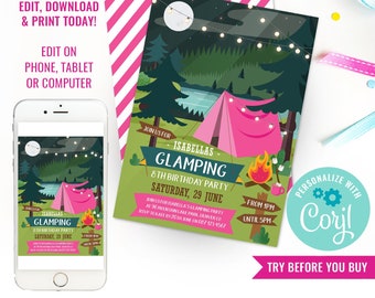 Girls Birthday Party Glamping Invitation Girls Camp Out Invite Glamping Party Girls Glamping Invitation Instant Download Edit File in Corjl
