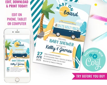 Boy Baby Shower Surfing Invitation Baby Boy Surfer Summer Beach Baby Shower Invite Instant Download Edit File in Corjl