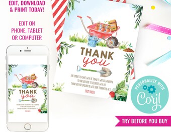 Girl Birthday Party Gardening Thank You Cards Planting Party Favors Girls Garden Party Thank you notes Instant Download Edit File with Corjl