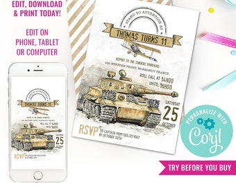 Army Tank Birthday Party Invitation for a Boy - Vintage Army Party Invitation - Army Invitation - Instant Download & Edit File with Corjl