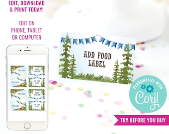 Camping Party Food Labels for a Boy - Buffet Cards, Food Tags, Labels - Watercolor Food Labels - Instant Download & Edit File with Corjl