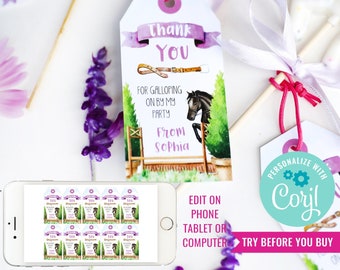 Horse Show Jumping Party Favor Tags - Watercolor Horse Birthday favors - Pony Party Favors - Instant Download & Edit File with Corjl