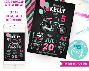 Girl Birthday Party Bicycle Birthday Party Invitation Pink Bike Birthday Invitation Pink Cruiser Bike Instant Download Edit in Corjl