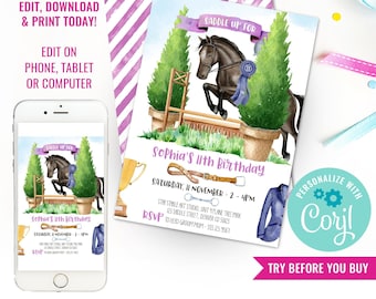 Girl Birthday Party Horse Show Jumping Invitation Watercolor Horse Birthday Party Invite Pony Party Invite Equestrian Instant Download Edit