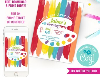 Birthday Party Art Invitation Rainbow Art Party Invite Unisex Art Party Invitation Artsy Party Instant Download Edit File with Corjl