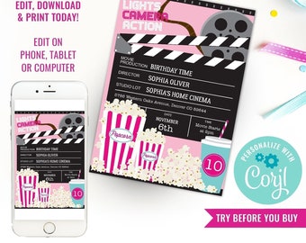 Movie Party Invitation - Girls Movie Night Party Invitation - Movie Ticket Invitation - Instant Download & Edit File with Corjl