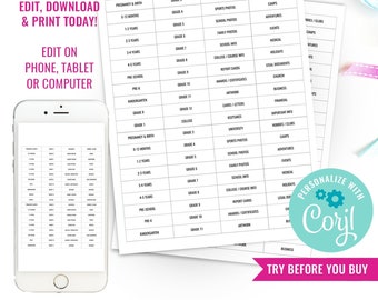Printable Milestone Tote Labels School File Folder Labels Printable File tabs DIY Childrens School Box Instant Download and Edit in Corjl