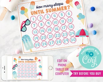 Countdown Calendar for kids - Printable Countdown Calendar - Countdown to Summer - Instant Download & Edit File with Corjl