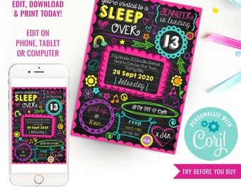 Girls Birthday Party Neon Sleepover Tween Girls Sleep Over Invitation Party Slumber Party Invitation Instant Download Edit File in Corjl