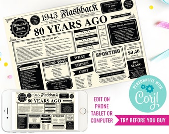 80th Birthday Party Printable Placemat - 1943 Birthday Newspaper Placemat - Placemat Decor Template- Instant Download & Edit File with Corjl