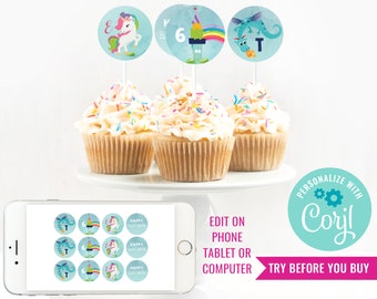 Dragon and Unicorn Party Cupcake Toppers - Unicorn Dragon Party Toppers - Printable Toppers - Instant Download & Edit File with Corjl