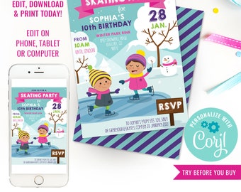 Ice Skating Party Invitation for Girls - Girls Ice Skating Party - Winter Party Invitation - Instant Download & Edit File with Corjl